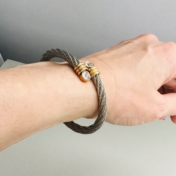VINTAGE silver and gold tone twisted bracelet with sparkling stones - Picture 3 of 7
